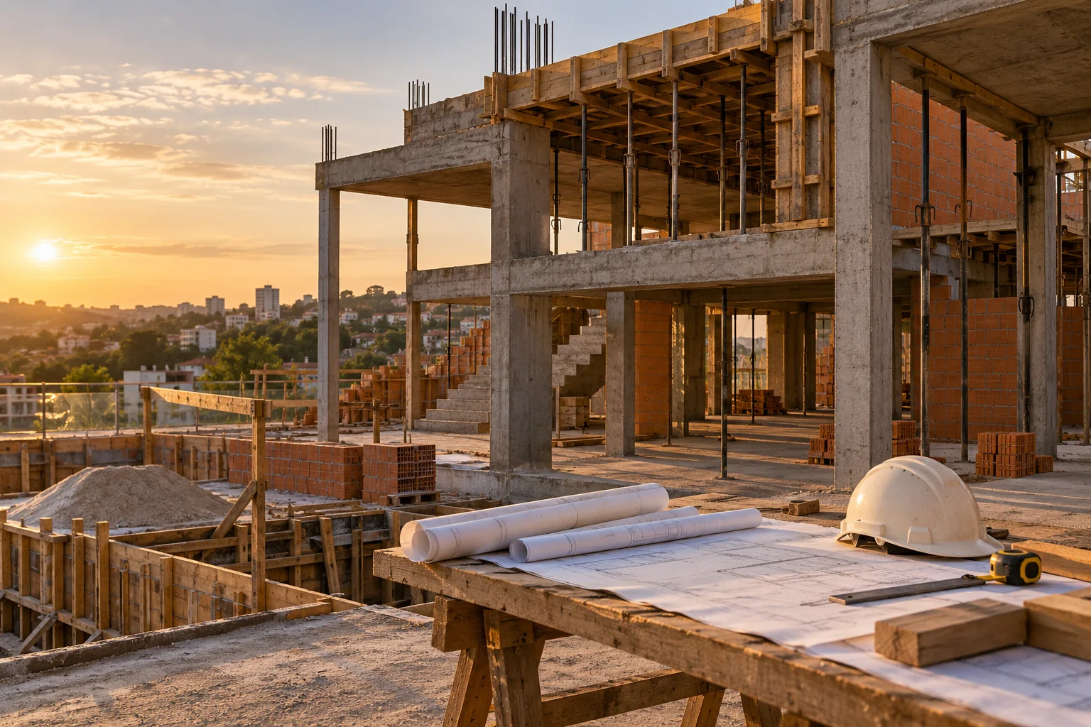Imagem ilustrativa de obra residencial em andamento com estrutura, alvenaria e plantas de acompanhamento.