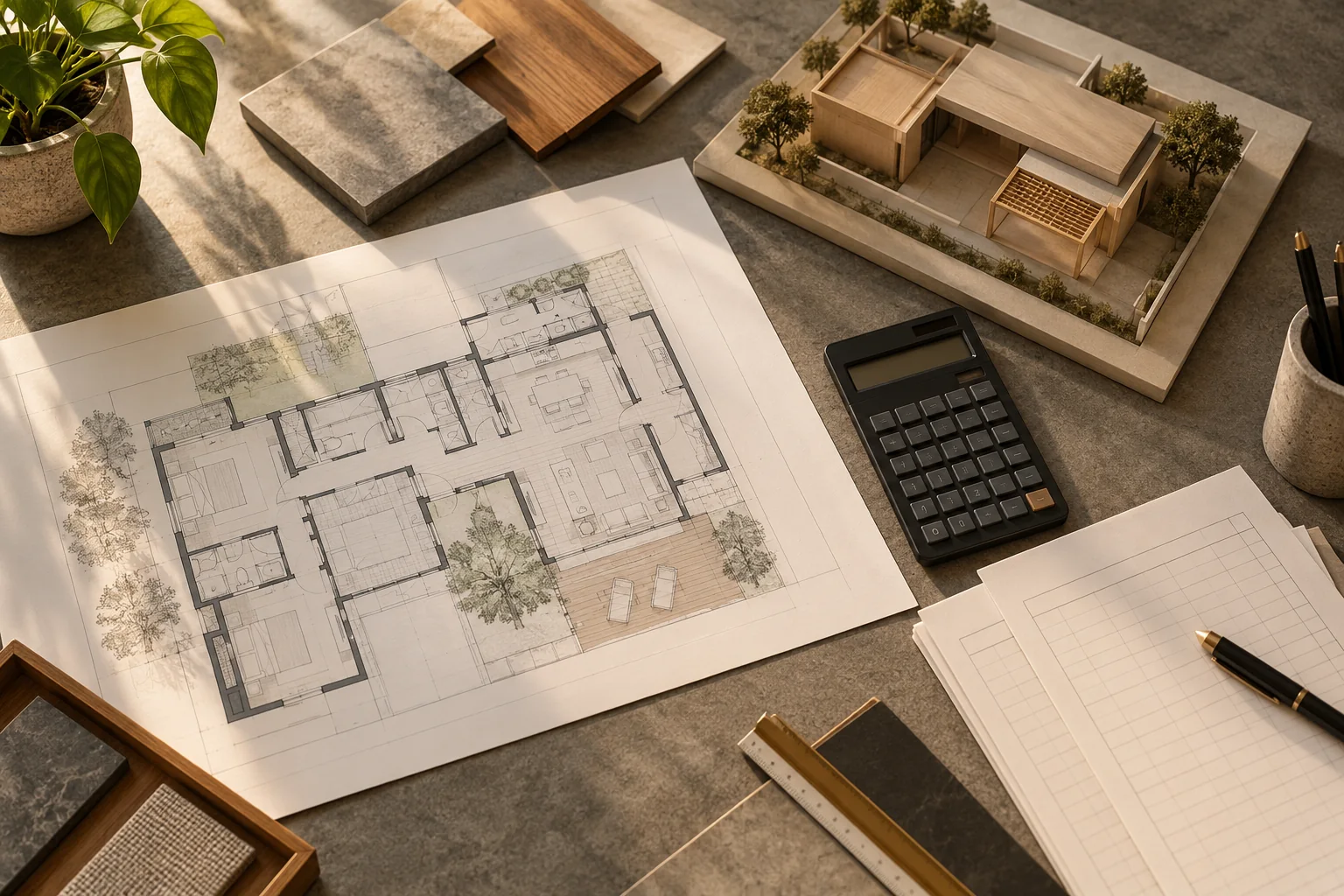 Imagem ilustrativa de plantas, maquete e materiais de planejamento de custos de uma construção.