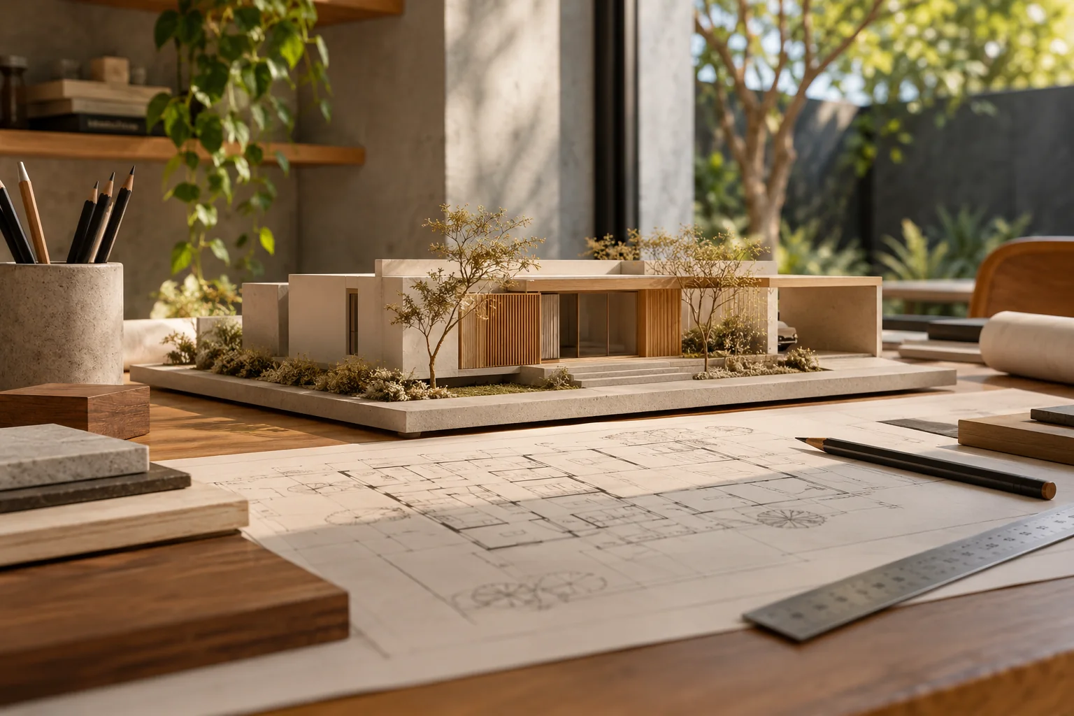 Imagem ilustrativa de uma maquete residencial sobre plantas arquitetônicas e instrumentos de desenho.